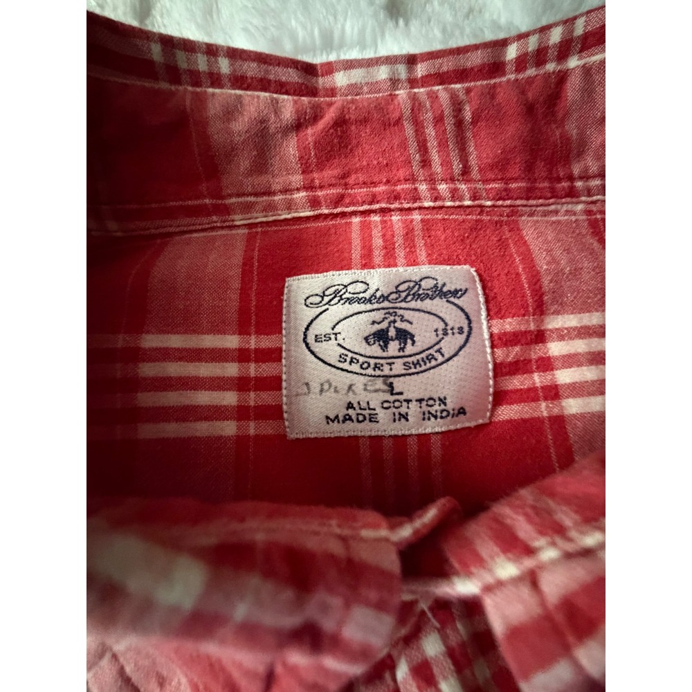 Brooks Brothers Men Red/White Plaid Sport Shirt Short Sleeve 100% Cotton L India